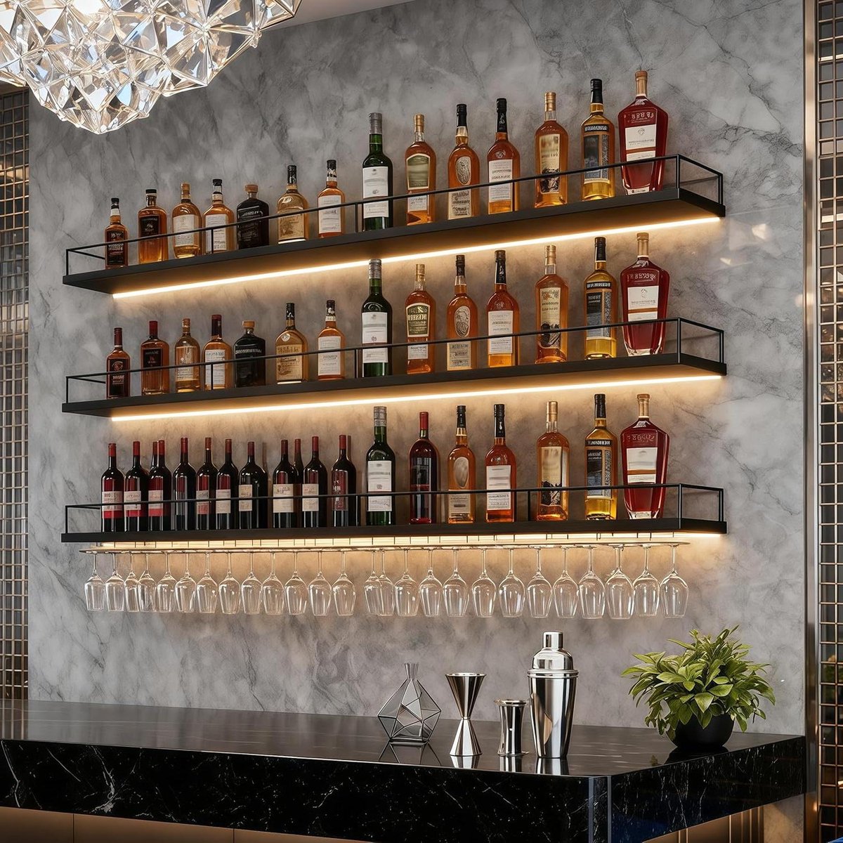 Wijnrek Wand - Wijnopslag Plank - Fles Presentatie - Met Glashouder - 200cm Lengte - Zwart
