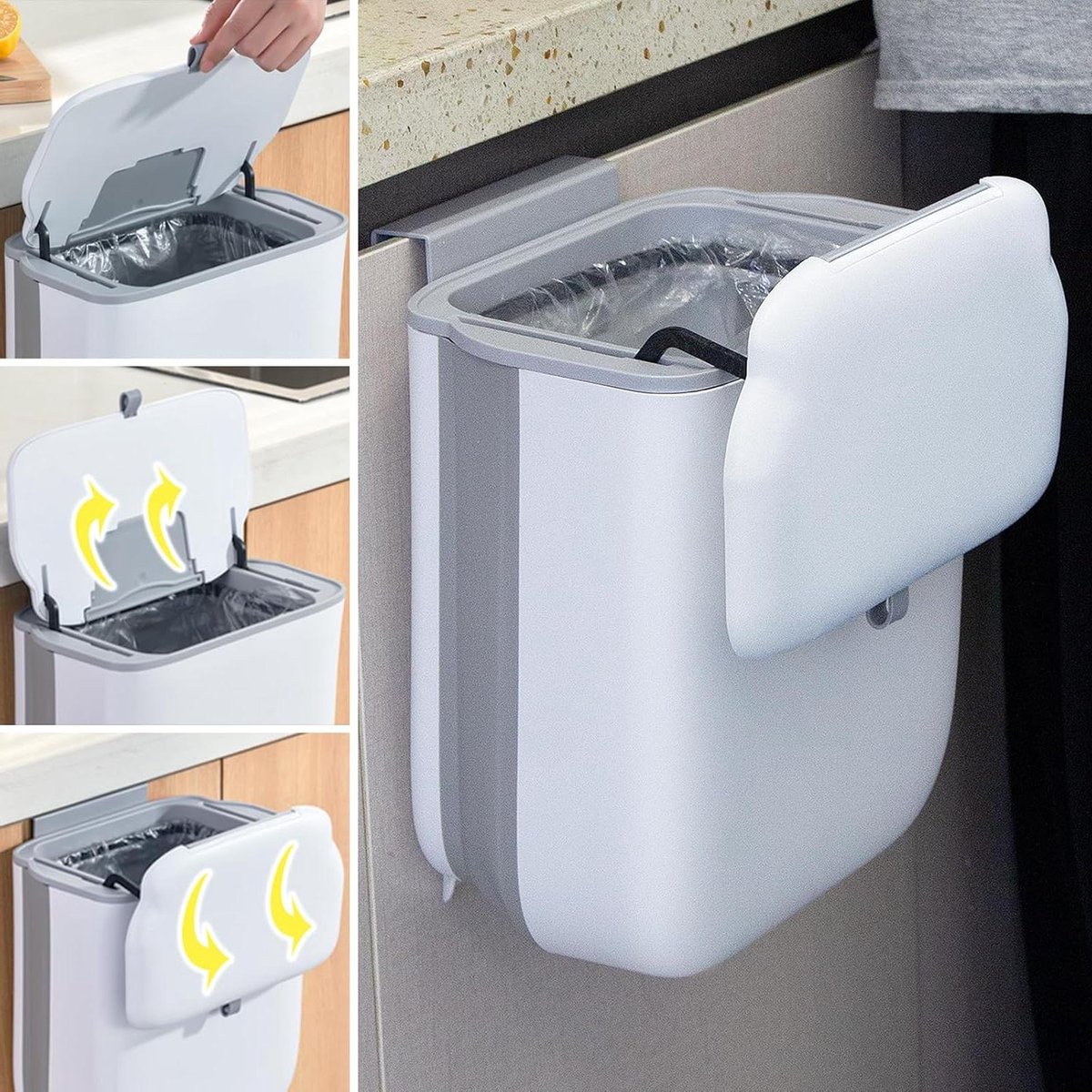Opvouwbare Prullenbak - Hangen Afvalbak - Keuken Afval Scheiden - Geurafsluitend Ontwerp - 3.2 Gallon Capaciteit - Wit met Deksel