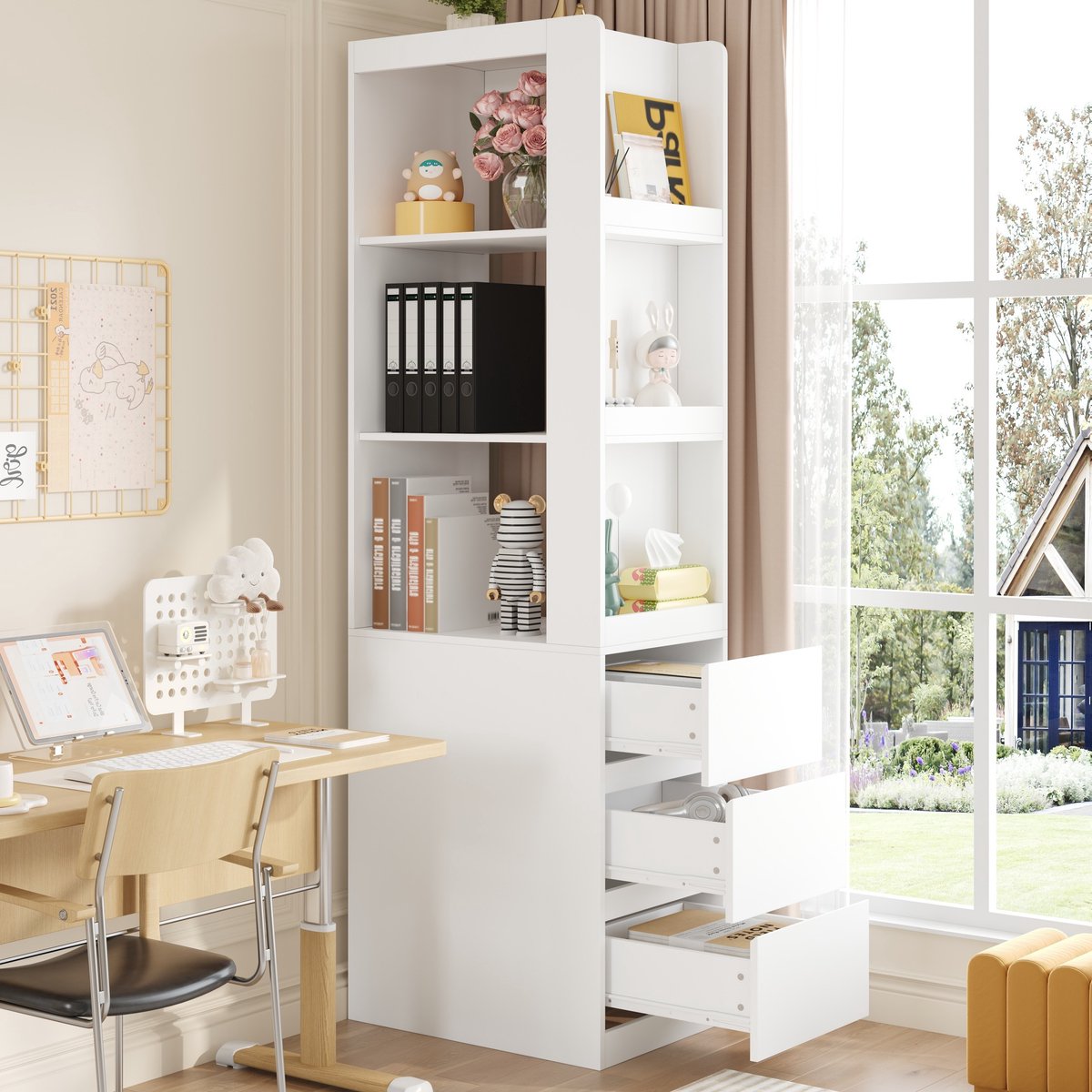 PHOEBE CAT Boekenkast - Open planken - 3 lades - Kantelbeveiliging - 60 × 40 × 200 cm - Wit