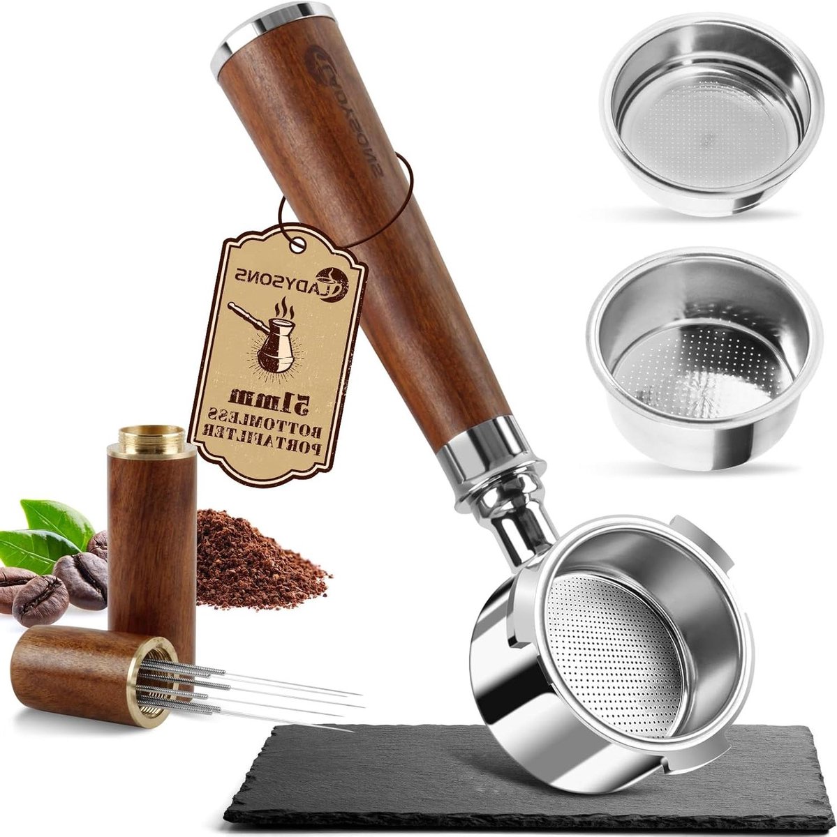 Bodemloze Zeefdrager - Koffiefilter Houder - Espresso Zetten - Walnoothouten Handvat - 51 mm - Bruin