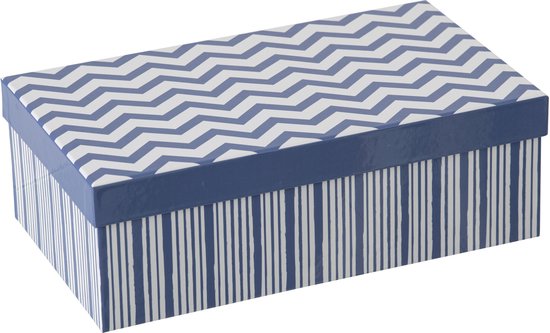 Geschenkdoos met blauwe zigzagprint op het deksel en verticale strepen op de zijkant.