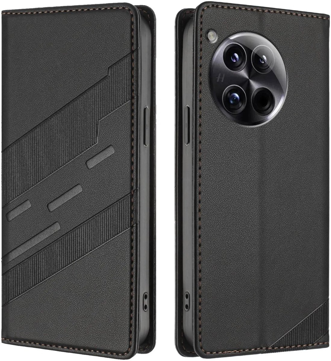 Hoesje geschikt voor OnePlus 12 - Phonesta Embossed Lines Book Wallet Case - Zwart