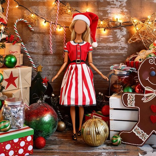 Poppenkleding voor Kerstmis, 6 stuks poppenjurk met mini-kerstmutsen, poppenkerstjurk, modieus poppenkostuum, poppenaccessoires voor 30 cm, advent, Kerstmis, baby, meisjes, cadeau — afbeelding 2
