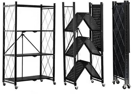 Een zwart, opklapbaar rek in drie posities: volledig open, half open en volledig gesloten.