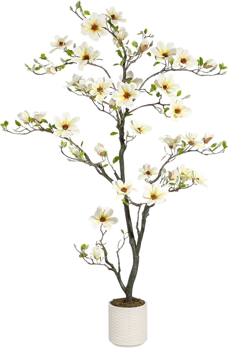 Happiq Kunstmatige Magnolia Boom 180 cm - Grote Kunstplant voor Binnen & Buiten - Realistische Bloesem Wit