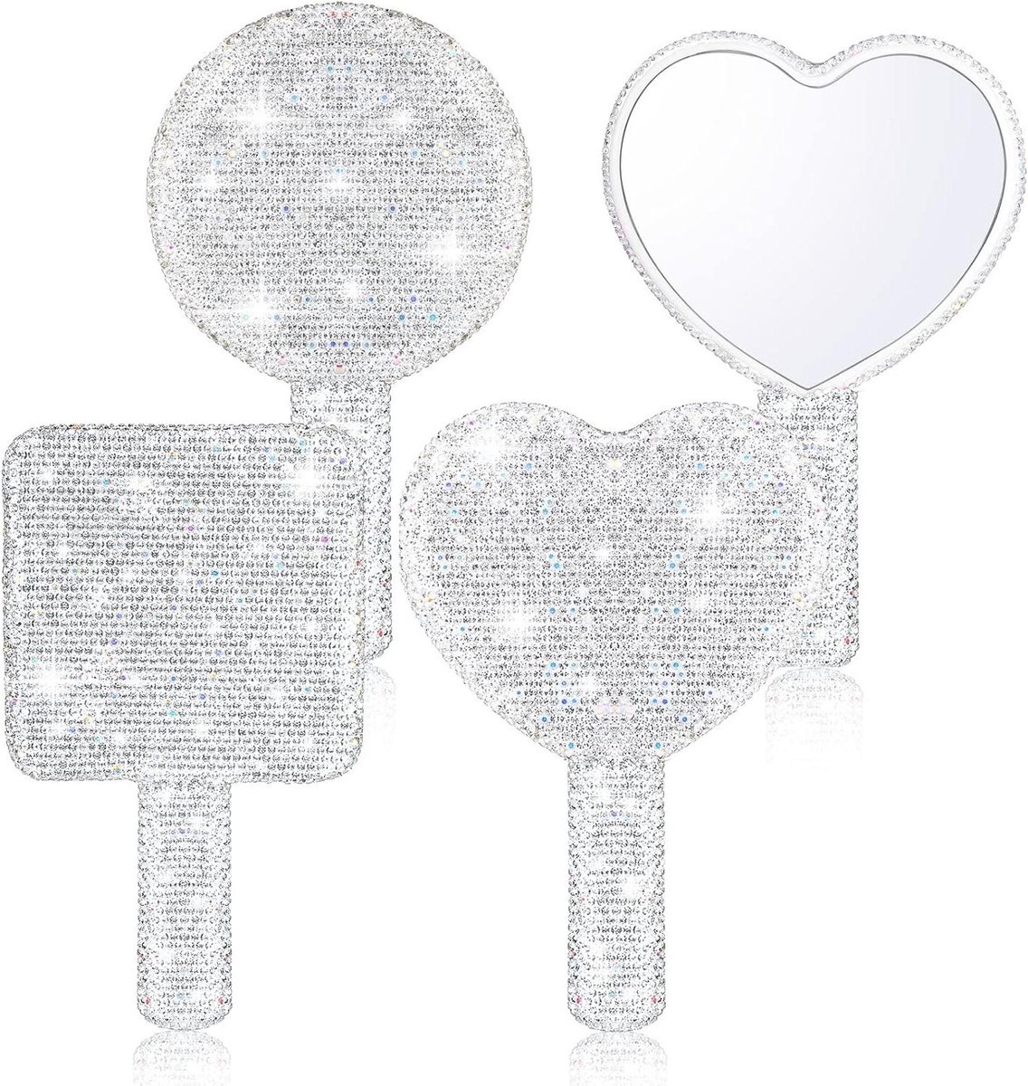 Bucherry 3 stuks strass handspiegel hartvormige bling oogverblindende handspiegels vierkante ronde vorm witte cosmetische draagbare decoratieve persoonlijke make-up spiegels voor vrouwen meisjes