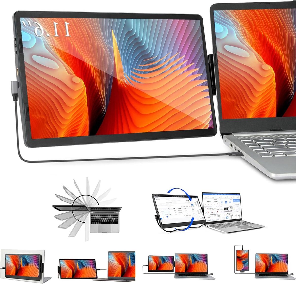 Draagbare Laptop Monitor - Extra Scherm - Productiviteit Verhogen - 360 Graden Draaibaar - 116 Inch HD - Zwart