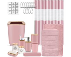IMAVO Pink Bathroom Set, 23 Piece Bathroom Accessories Set with Shower Curtain, Trash Can, Soap Dispenser, Soap Dish, Toothbrush Holder, Toothbrush Holder, Toothbrush Cup, Toilet Brush Holder and 4