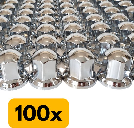 Een groot aantal glimmende chromen wielmoerdoppen, met een gele aanduiding '100x'.