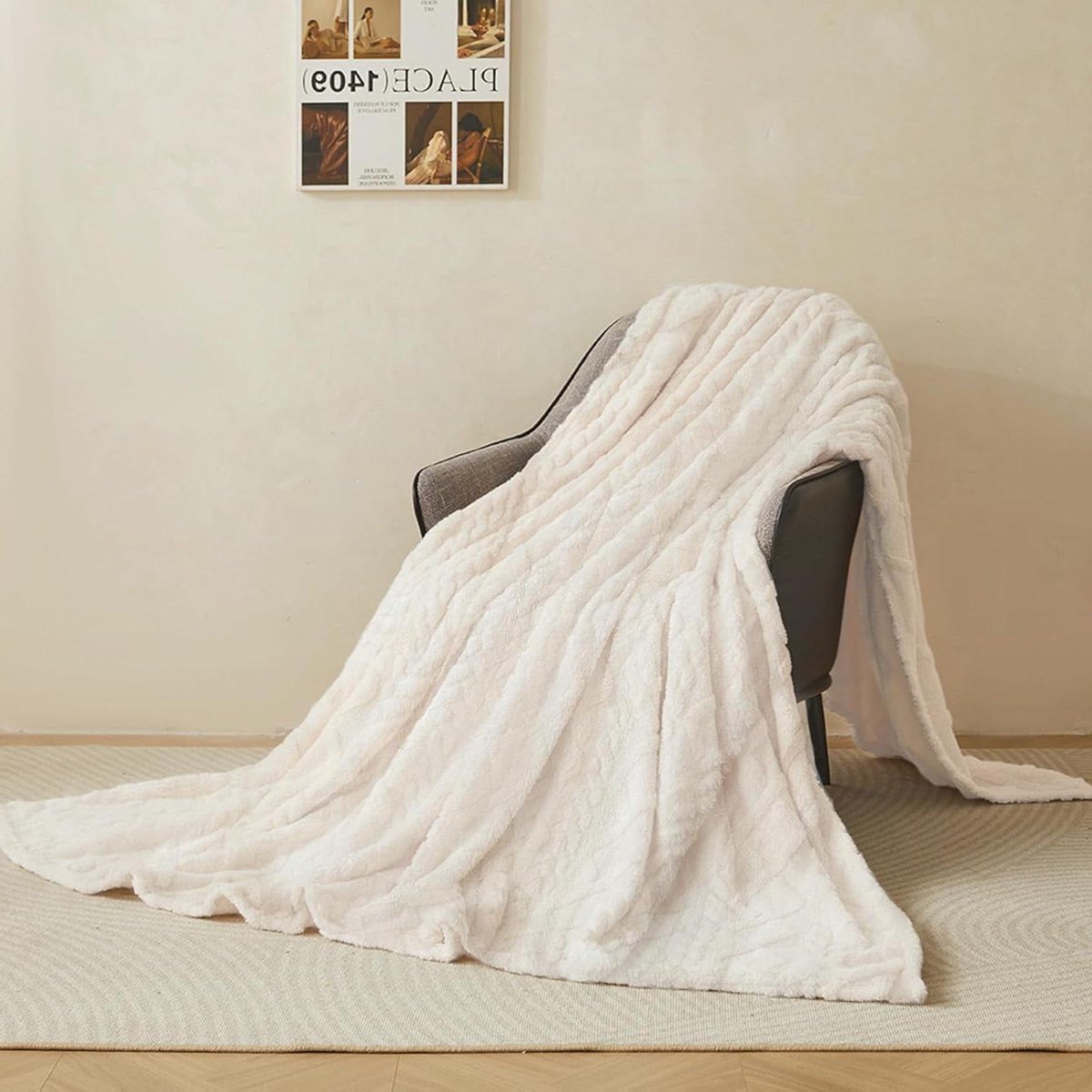 Knuffeldeken, melkfluweel, bubbeldeken, super zachte woondeken, dik, 450 g/m², flanel, deken, bankdeken, warme sprei, bankdeken, veelzijdige deken voor bed, bank, slaapkamer, kantoor, beige, 150 x 200