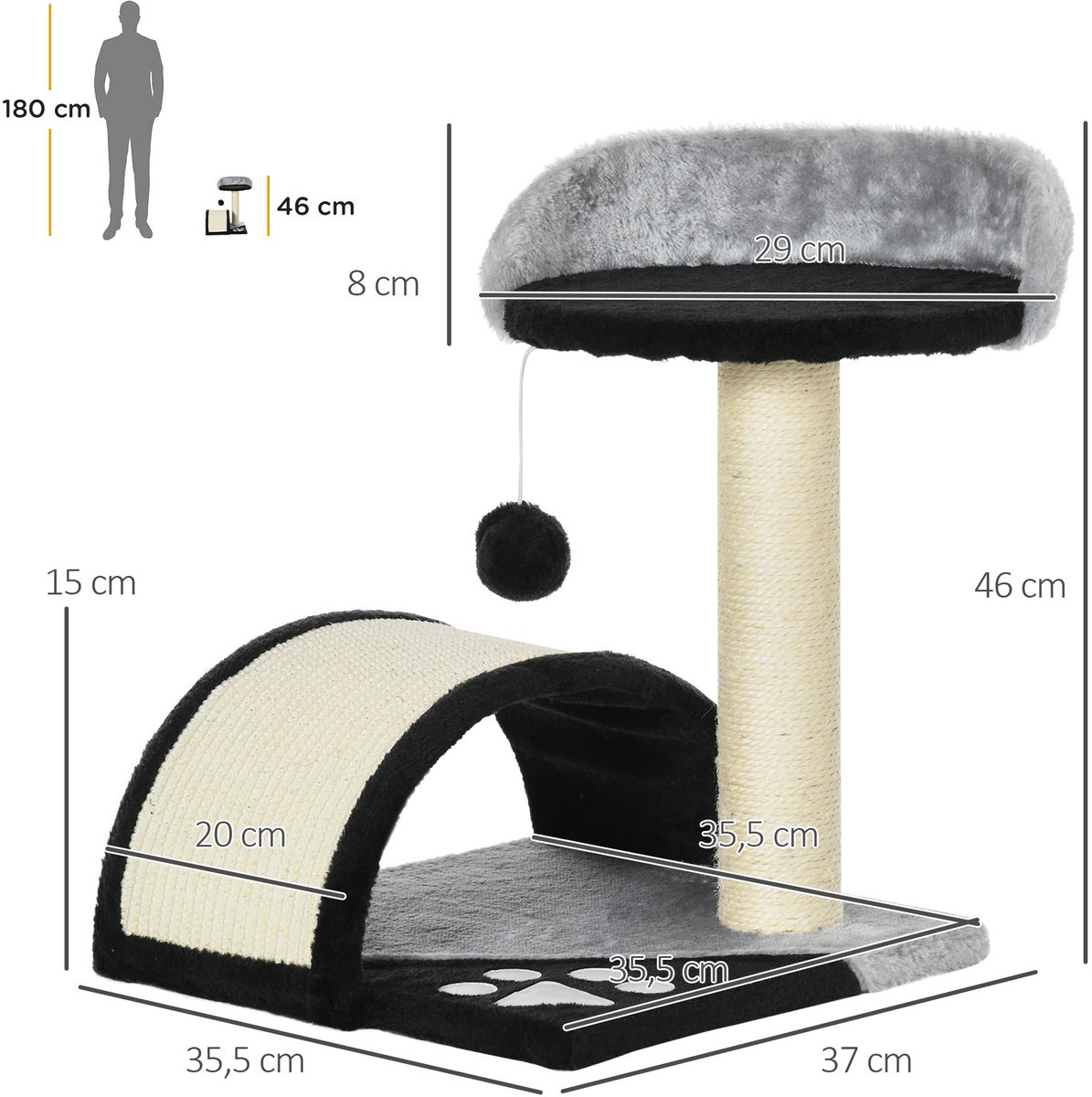 Svintora Krabpaal voor Katten - Kleine kattenboom met krabpaal, boogvormige krabplank en kattenmand - Met speelbal