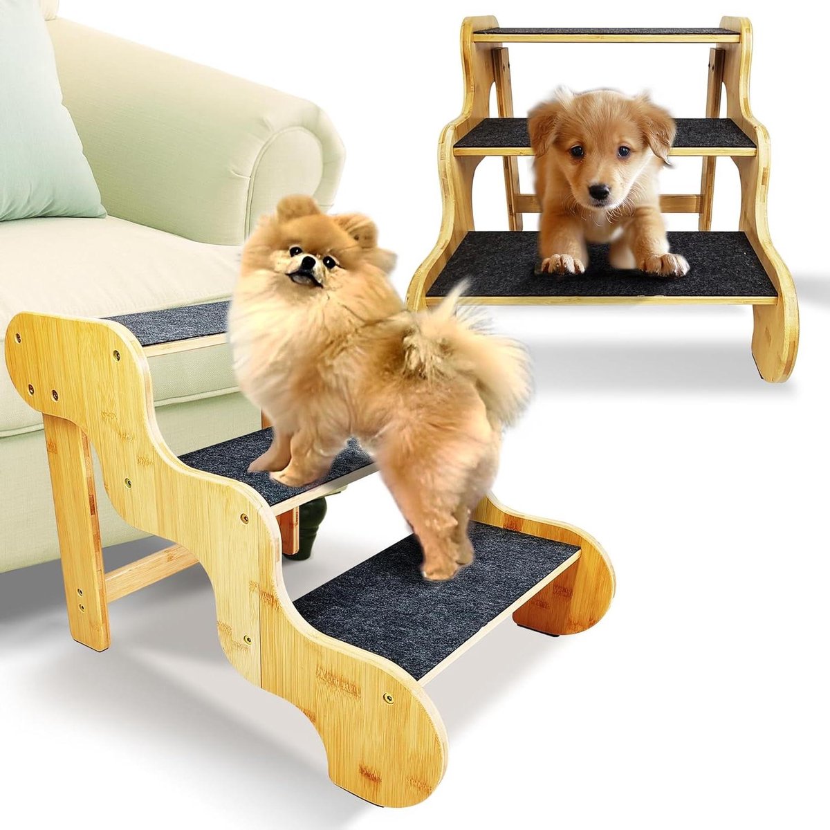 Honden Trappetje - Huisdier Helling - Makkelijk Klimmen - Stevig Bamboe Materiaal - 38 cm Hoog - Natuurkleur