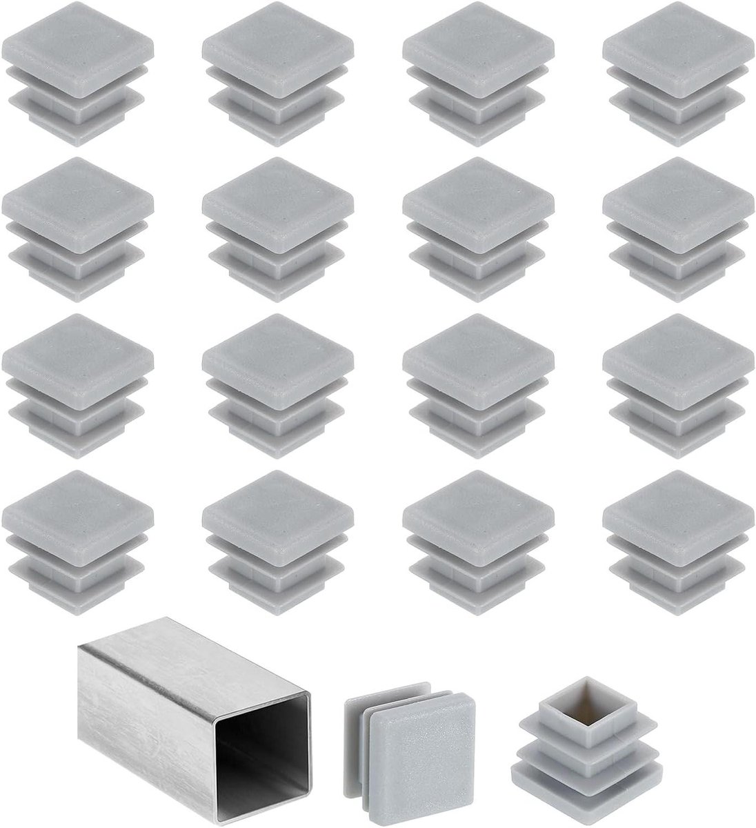 Plastic Dopjes - Buisdoppen Stopper - Meubels Beschermen - Geribd Ontwerp - 16mm Vierkant - Grijs