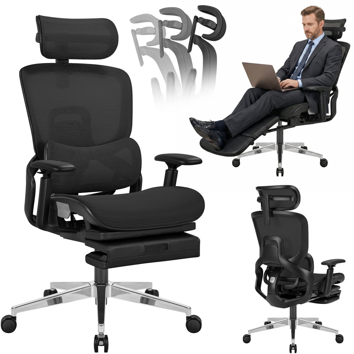 Mark Adler Expert 9.3 - Ergonomische bureaustoel - verstelbaar - met voetensteun - maximaal draagvermogen 130 kg - zwart