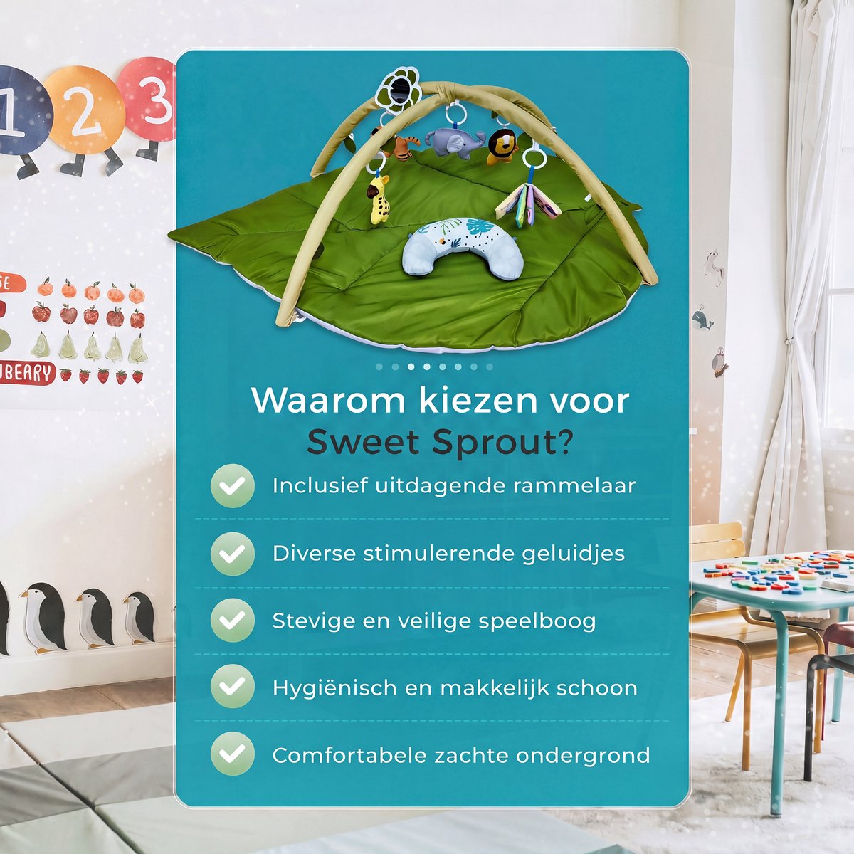 Babygym met boog - Speelmat - Speelkleed - Baby speelgoed - Babyshower - Boxkleed - Speelmat baby - 5 Speeltjes - Inclusief Rammelaar - Groen blaadje — afbeelding 8