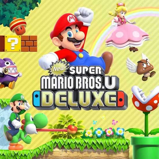 Mario, Luigi, Prinses Peach en Yoshi staan op een gele achtergrond met sterren.