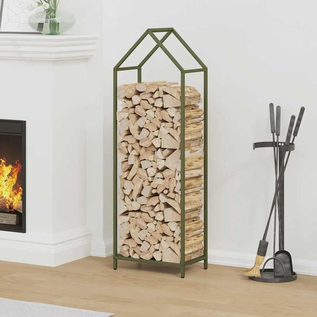 Gecheer 864302 Brandhoutrek olijfgroen, 40 x 25 x 120 cm, koudgewalst staal, haardhoutrek voor binnen en buiten, kampvuur, camping, reizen