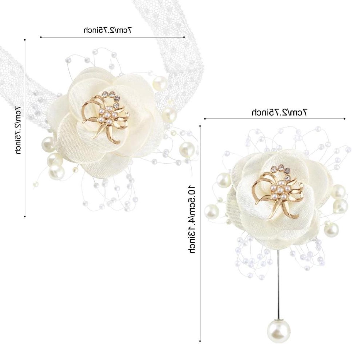 Polsbloem en Corsage - Bruiloft Set - Feestelijke Decoratie - Handgemaakte Zijden Roos - 2 Stuks - Wit