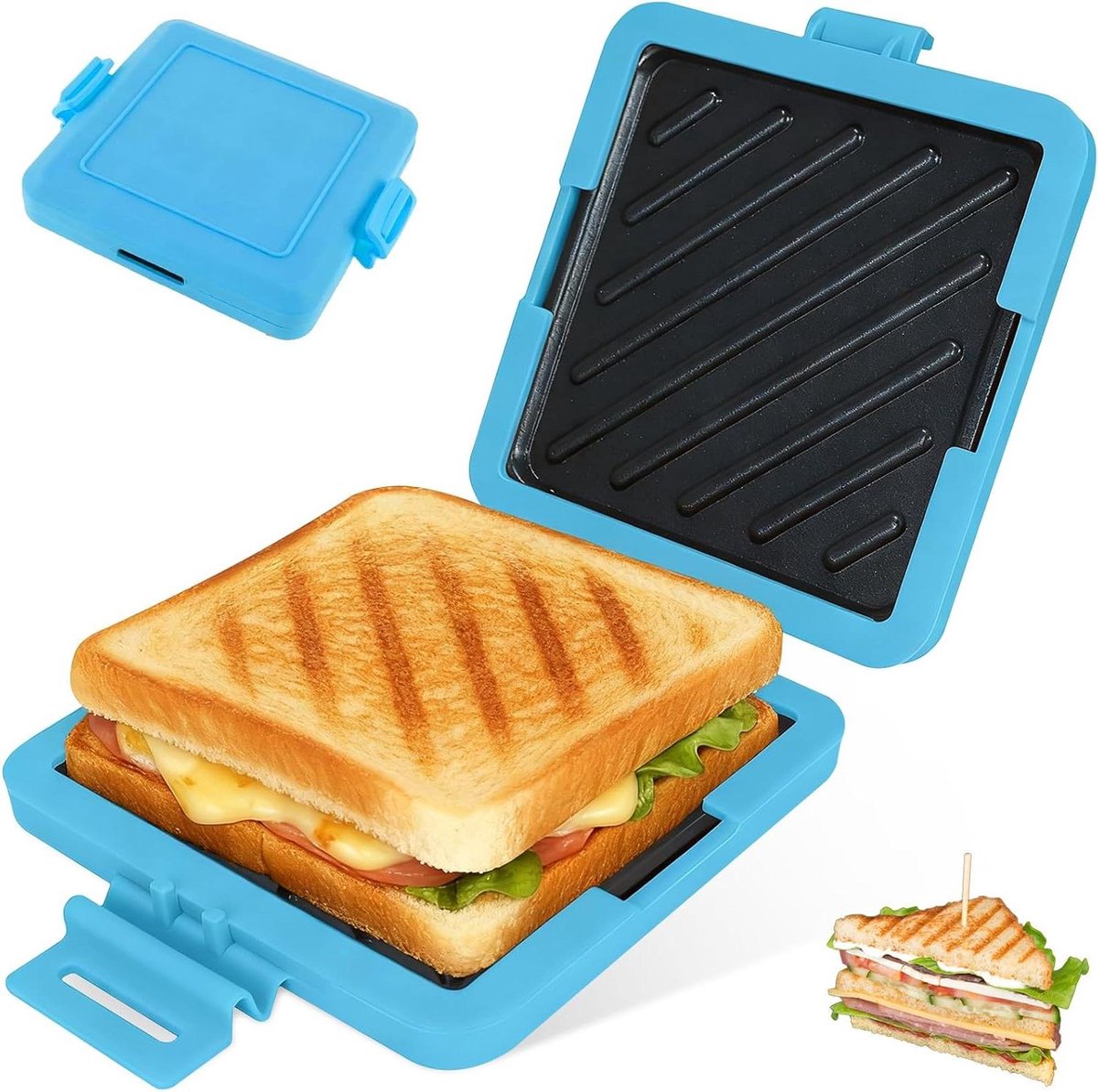Magnetron Broodrooster - Sandwichmaker Panini - Snelle Snacks Maken - Draadloos Ontwerp - 14x17x3 cm - Blauw