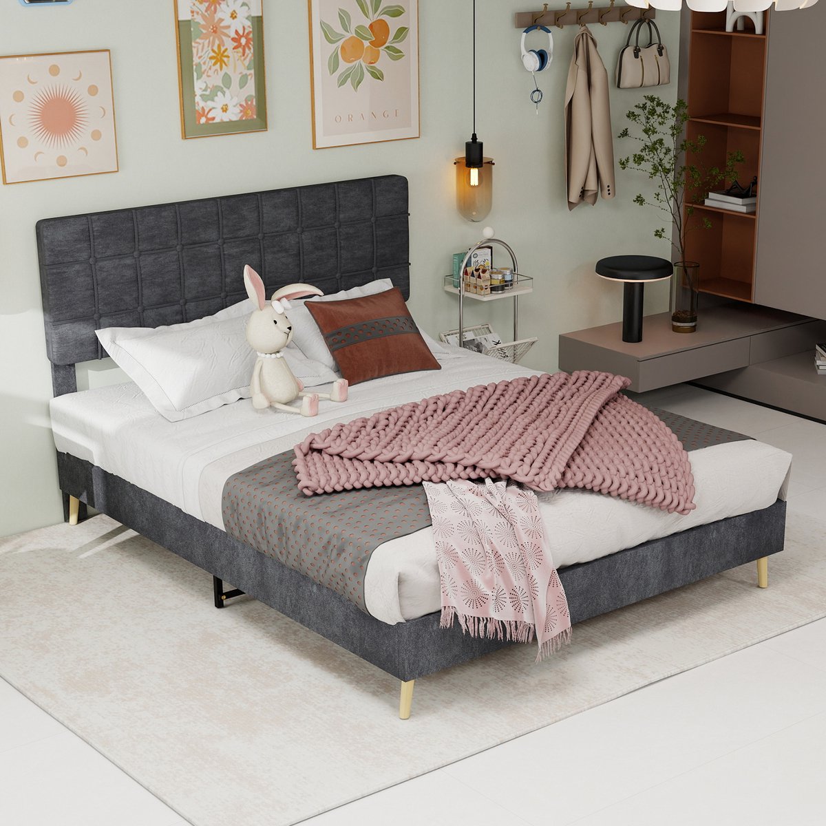 MODENUIT Gestoffeerd Bed 140x200 cm – Geruit Hoofdbord – Houten Poten – Zonder Matras – Fluwelen Bekleding – Grijs
