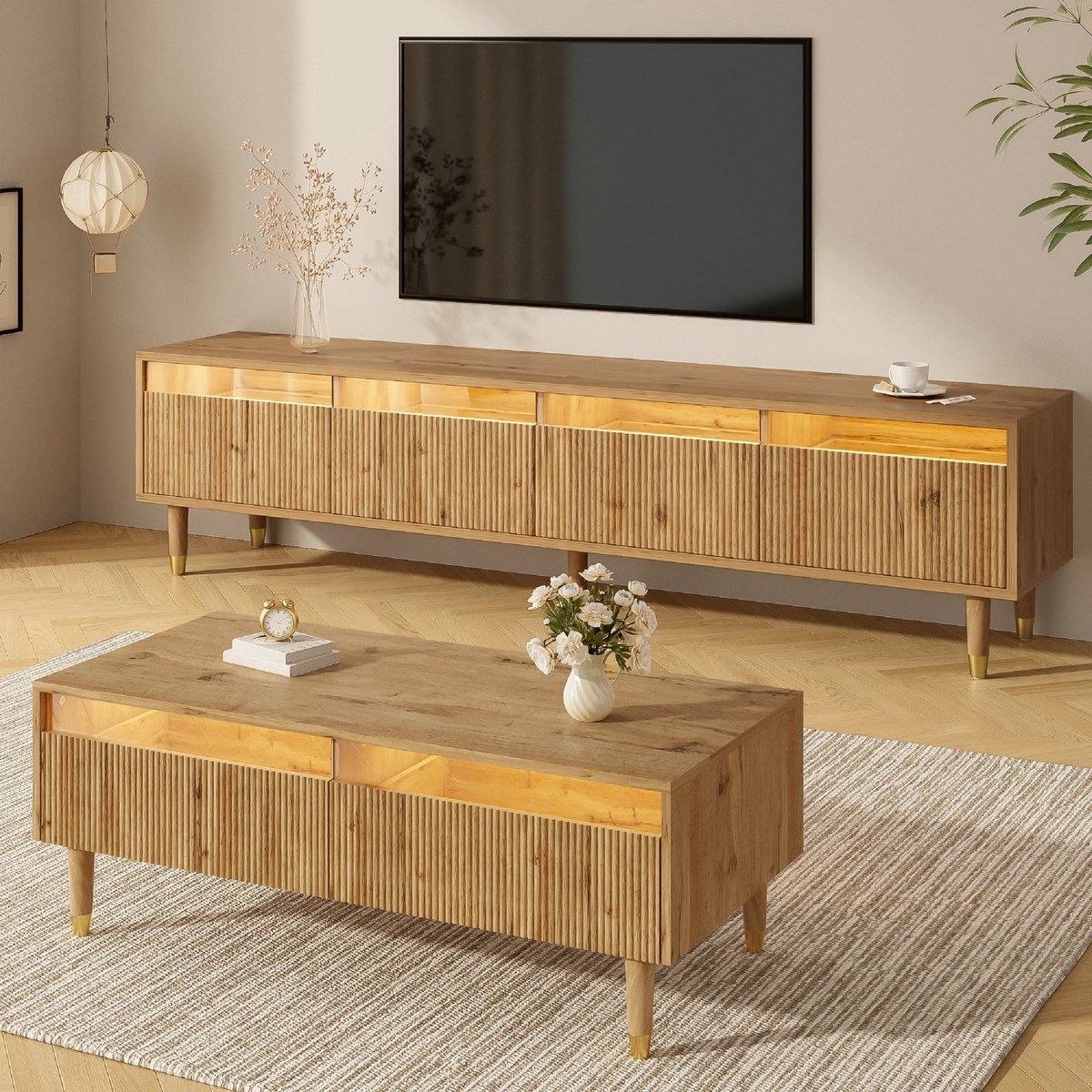 VVBV Tv meubel met led / Tv kast – met LED-Verlichting, Opbergruimte, Lades – 2 Lades – 4 Deuren – MDF – TV Kast met 2 Lades en LED Hout