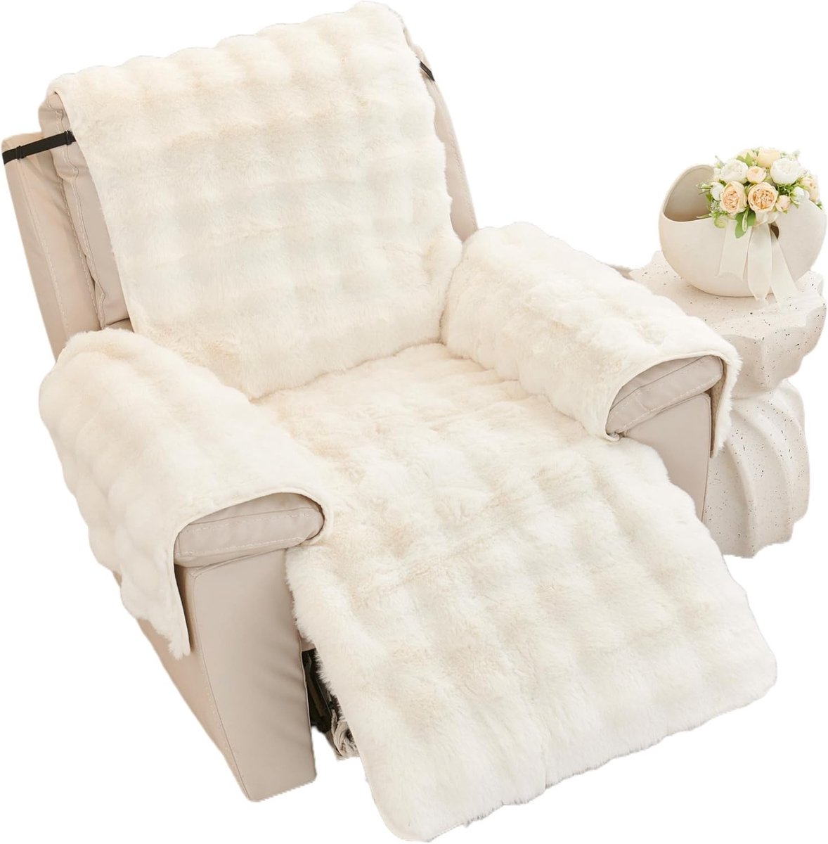 Zachte Pluche Stoelbeschermer en Kussen voor Armleuningen - Antislip Fluffy Faux Fur Relax Stoelhoes (Crème, 60x225cm)