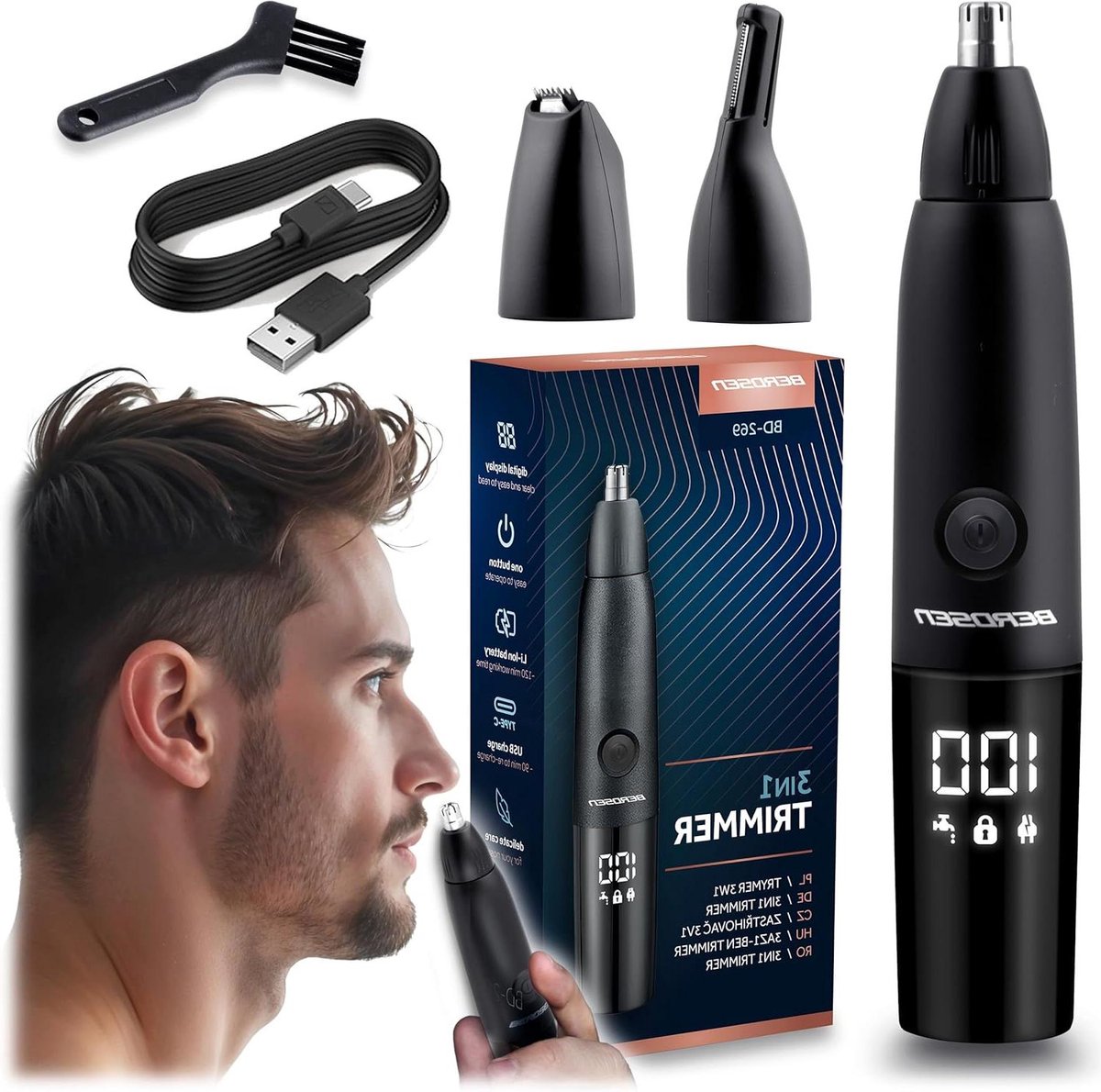 Neushaartrimmer 3-in-1 - Gezichtstrimmer Oortrimmer - Persoonlijke Verzorging - LCD Display - 120 Min Gebruik - Zwart