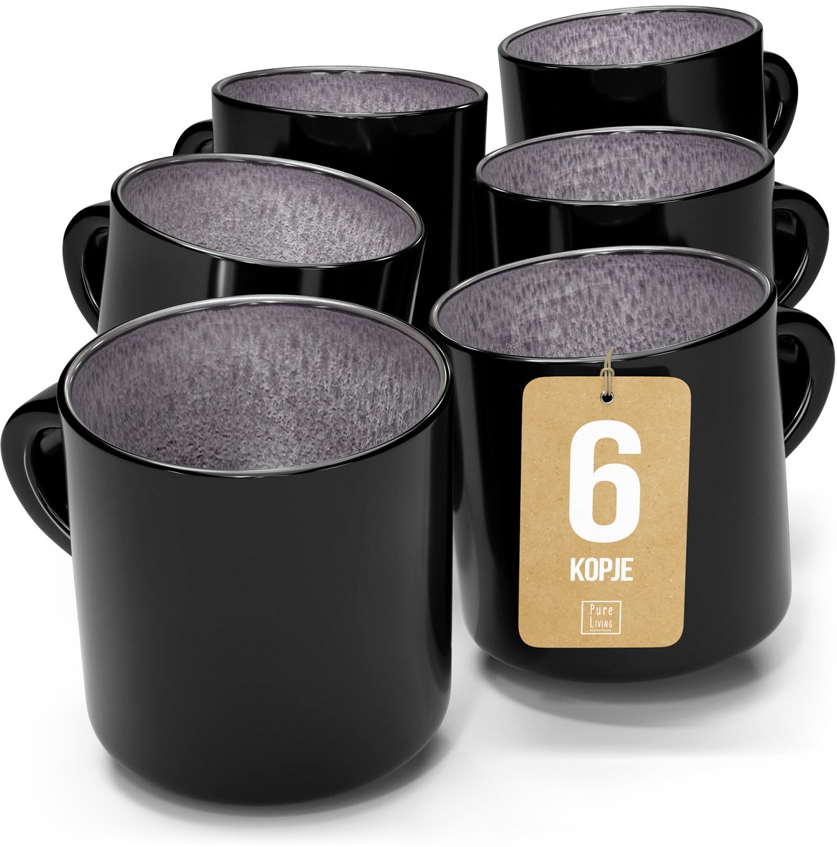 Pure Living Ibiza Dark Set Van 6 Koffiekopjes - 350ml - Grijs - Aardewerk - Vaatwasserbestendig - Magnetronbestendig