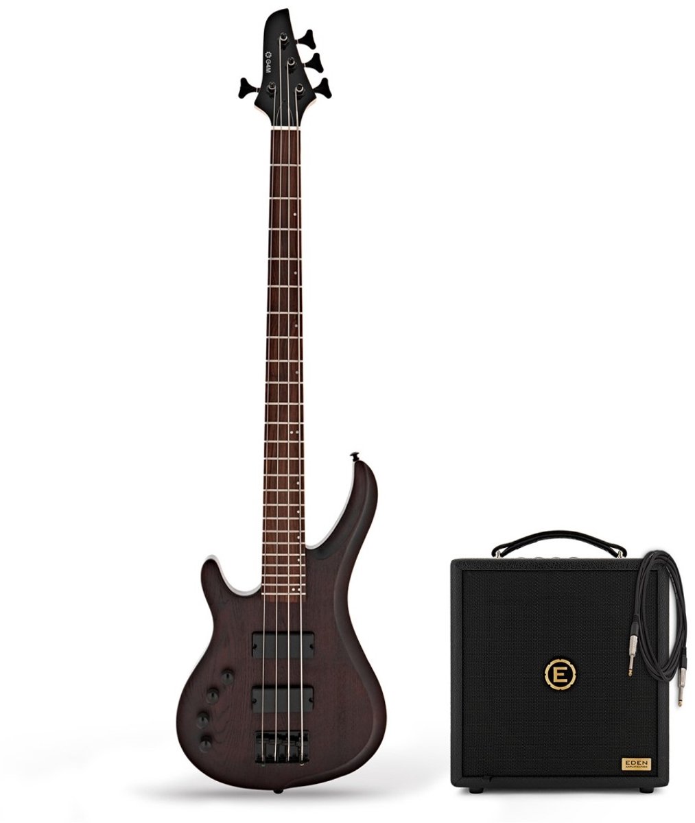 G4M 878 Linkshandige Basgitaar, Walnut Stain& Eden Orbiter 8 Combo