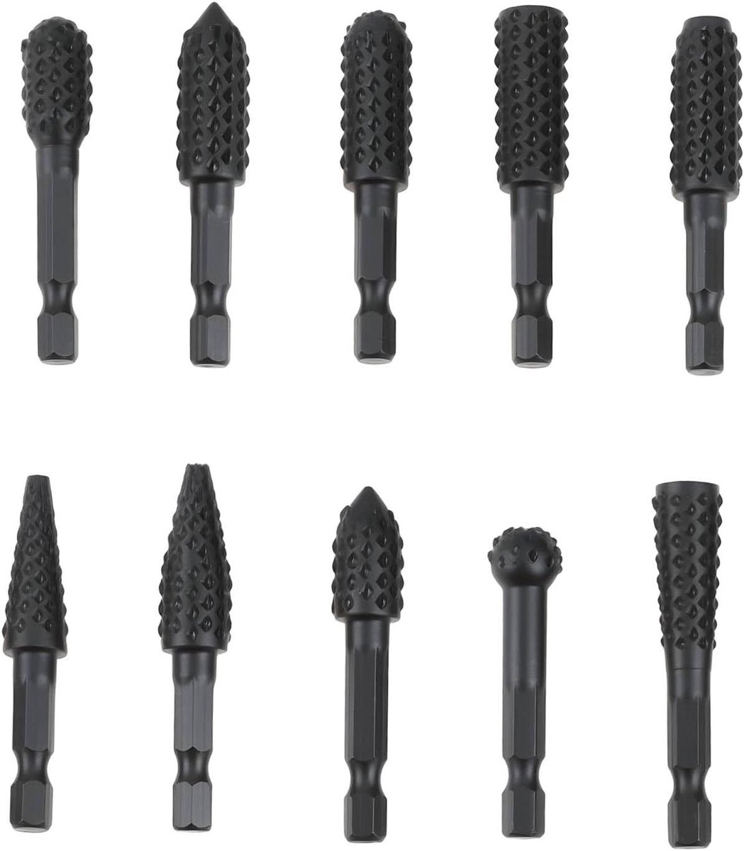 Houtsnijwerk Rasp Set - Braam Vijlen - Hout Bewerken - 10 Verschillende Vormen - 6.35 mm Schacht - Zwart