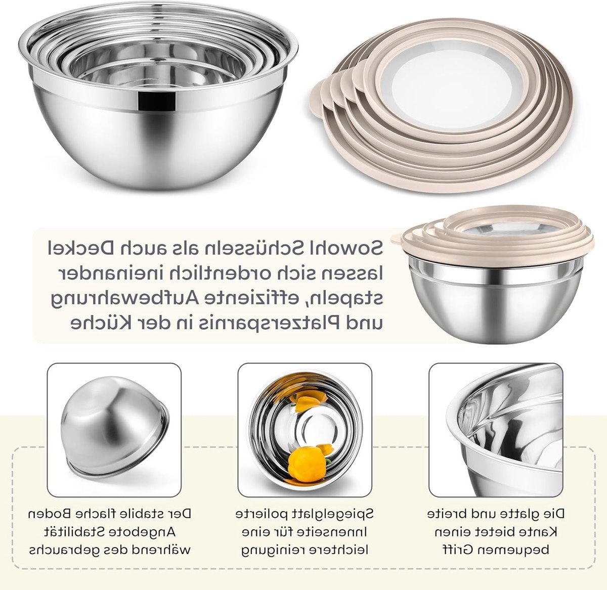 Mixkommen set met deksel en raspaccessoires - 5-delige set in khaki voor koken en bakken