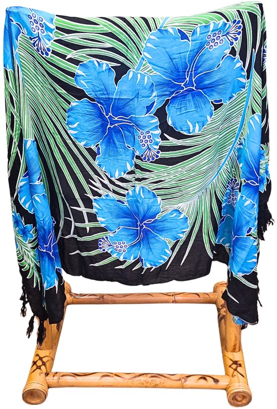 Sarong - 016 - Bloemen blauw van Om Namaste - Pareo Saunadoek Wikkeljurk van Om Namaste — afbeelding 4