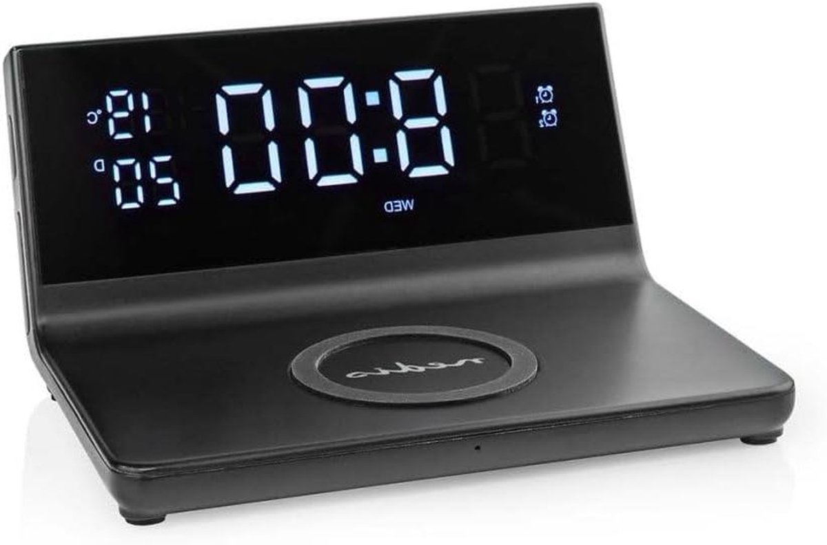 NEDIS Wireless charging alarm clock, Qi-certified, 5/7.5/10/15W, USB-A plug, 2 alarm times, snooze function