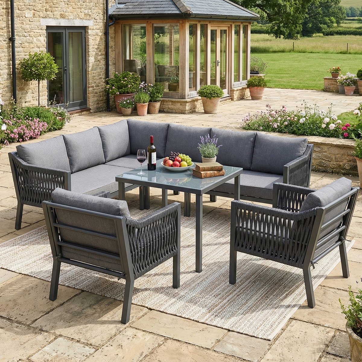 BLACKCOLORS Tuin-eetset 8 pers: hoekbank met glazen tafels thumbnail 6
