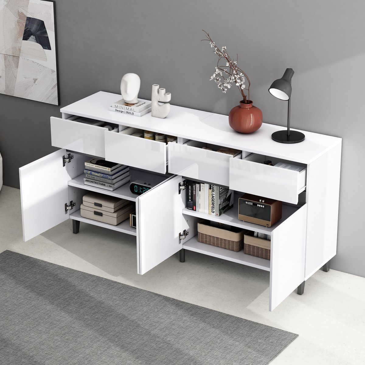 MODENUIT Dressoir - 4 Laden, 2 Deuren, Verstelbare Planken - Voor Woonkamer En Eetkamer - Wit - 160x40x68 Cm