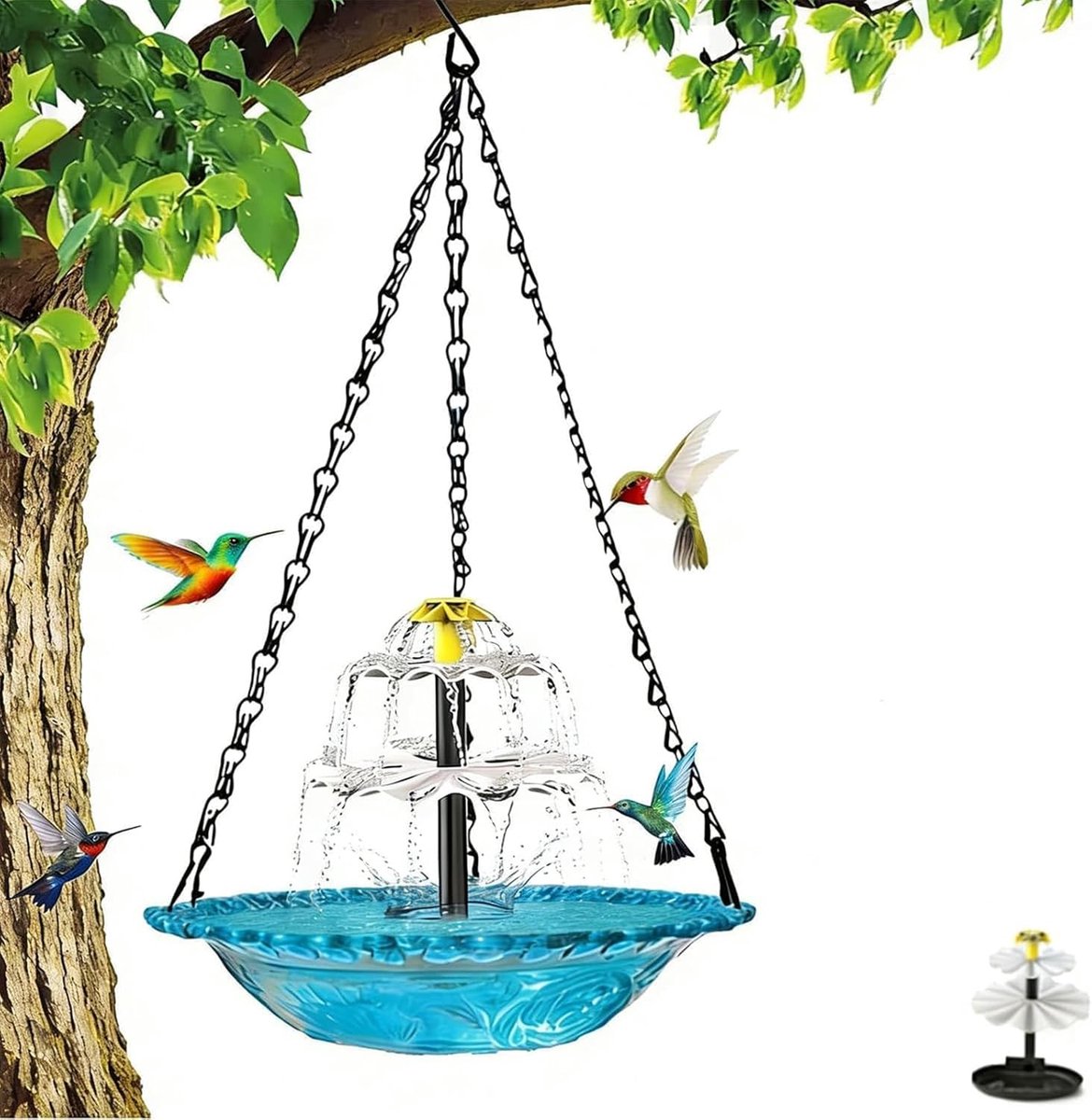 Hangend Vogelbadje - Vogelbad - TENZHVXI® - Voederbak - Met Cascade Op Zonne-Energie - Automatische Waterstroom Zonder Bedrading - Decoratief Blauw Kom Ontwerp - Duurzaam Kunststof Materiaal - Ideaal Voor Buiten Tuin Patio En Boomtakken