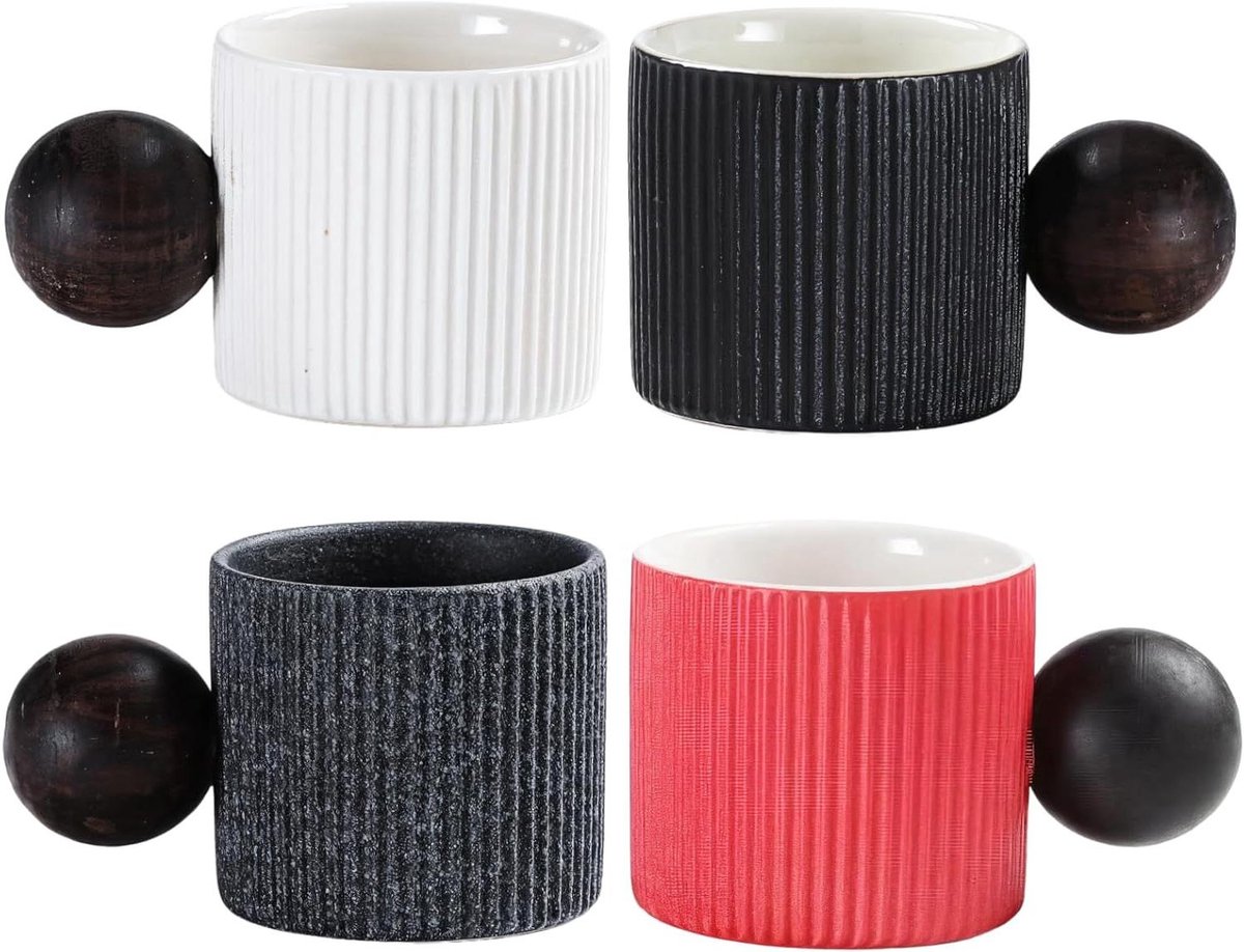 Espressokopjes Keramisch - Koffiekopjes Demitasse - Genieten van Koffie - Houten Anti-Brand Handvat - 60 ml - Zwart Wit Grijs Rood