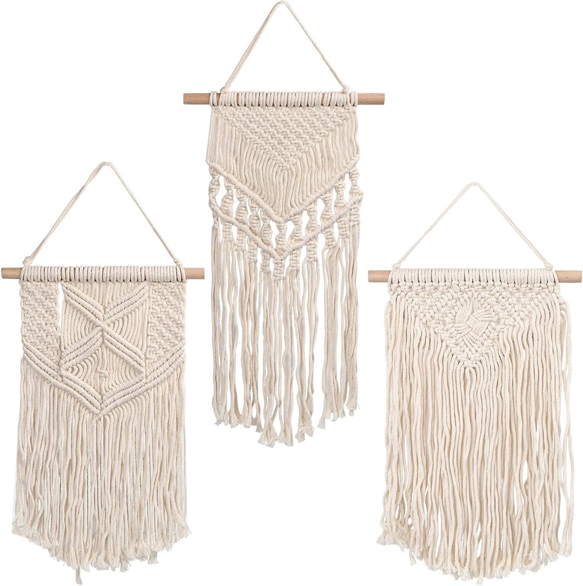 Set van 3 Kleine Macramé Wandtapijten, Katoenen Geweven Decoratie voor Slaapkamer, Woonkamer en Café, Boho Stijl Wanddecoratie met Houten Stang
