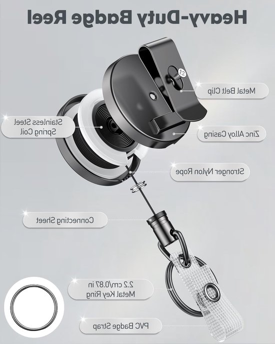 5 Stuks Zware Badge Reel met Retractable ID Clip, Upgrade Badgehouders, Metalen ID Kaarthouder met Riemclip en Sleutelhanger — afbeelding 4
