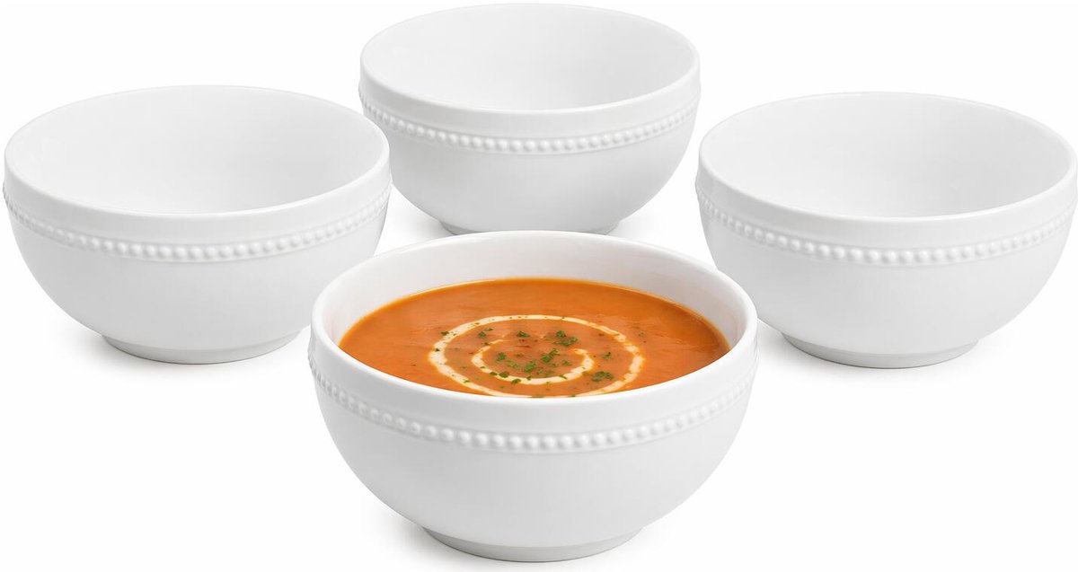 Vessia Soepkommen Versailles - wit - 4x stuks - 15 x 8 cm - keramiek - kommetjes / schaaltjes - 600 ml - stapelbaar