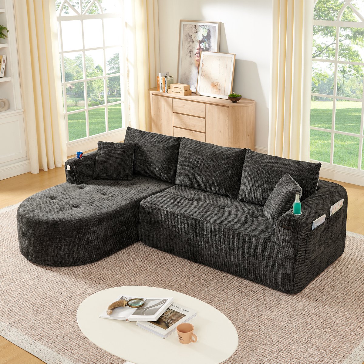 Wishdor Hoekbank In L-Vorm - Montagevrij Met Bekerhouder En Opbergvakken - Modern Design - Voor Woonkamer - Linnen Bekleding - Zwart