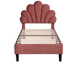 M-Goods – Eenpersoonsbed 90×200 – Fluwelen Bedframe met Bloem Hoofdbord – Kinderbed / Volwassenen – Lattenbodem Inclusief – Rood