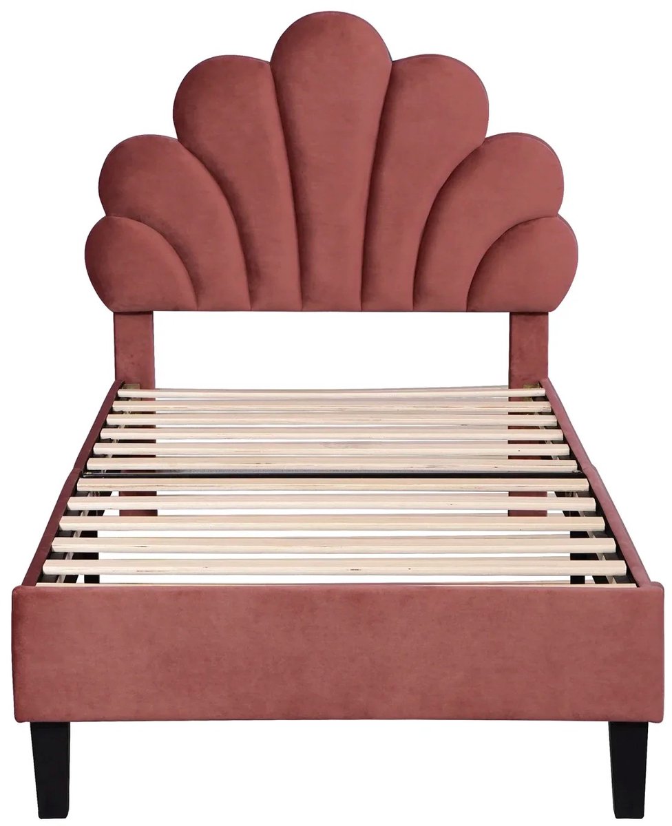 M-Goods - Eenpersoonsbed 90x200 - Fluwelen Bedframe met Bloem Hoofdbord - Kinderbed / Volwassenen - Lattenbodem Inclusief - Rood