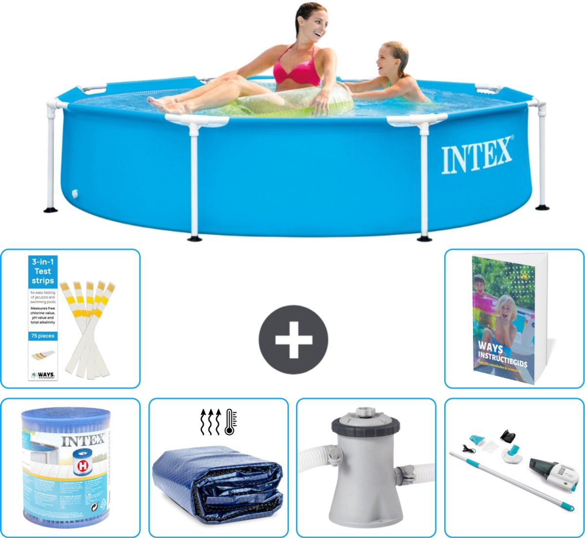 Intex Rond Frame Zwembad - 244 x 51 cm - Blauw - Inclusief Filter - Solarzeil - Zwembadfilterpomp - Stofzuiger - 7-delig