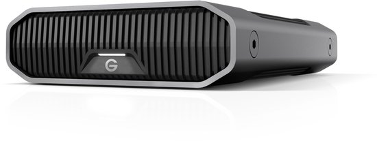 G-DRIVE externe desktop harde schijf, grijze behuizing met geribbelde voorkant en G-logo.
