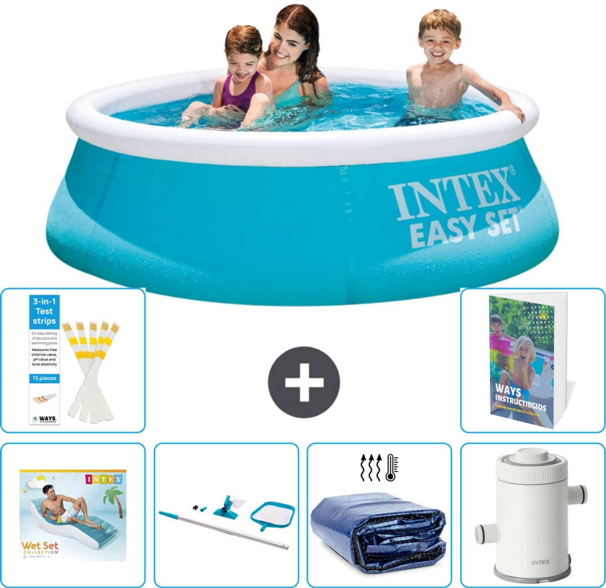 Intex Rond Opblaasbaar Easy Set Zwembad – 183 x 51 cm – Blauw – Inclusief Loungebed – Schoonmaakset – Solarzeil – Zwembadfilterpomp – 7-delig
