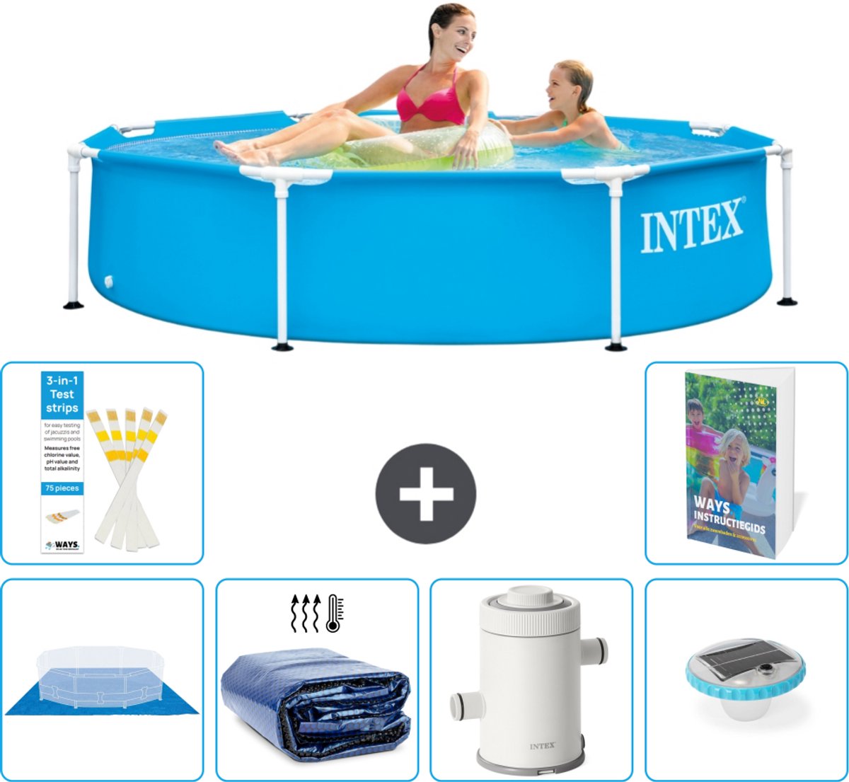 Intex Rond Frame Zwembad - 244 x 51 cm - Blauw - Inclusief Grondzeil - Solarzeil - Zwembadfilterpomp - Verlichting - 7-delig