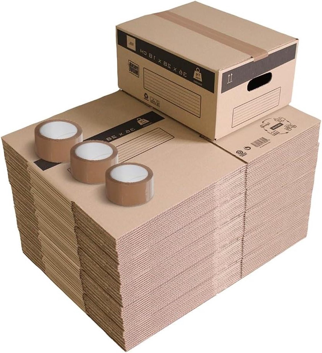 Pack and Move - Set van 50 verhuisdozen S - 36 x 28 x 18 cm - versterkte handgrepen - 3 gratis lijm