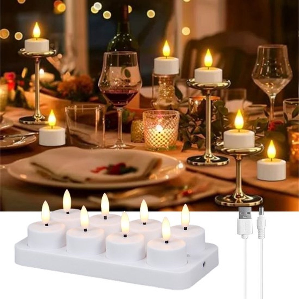 8 Oplaadbare Theelichtjes Met Oplaadbasis - Led Vlamloze Neptheelichtkaarsen Voor Thuis Kamer Halloween Kerstdecoraties(Geen Afstandsbediening)