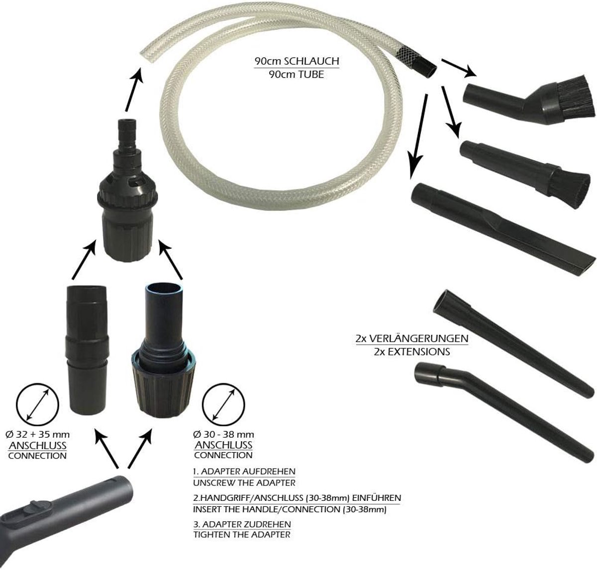 Mini Mondstuk Set - Stofzuiger Accessoires - Diepe Reiniging - Universele Adapter - 30-38 mm